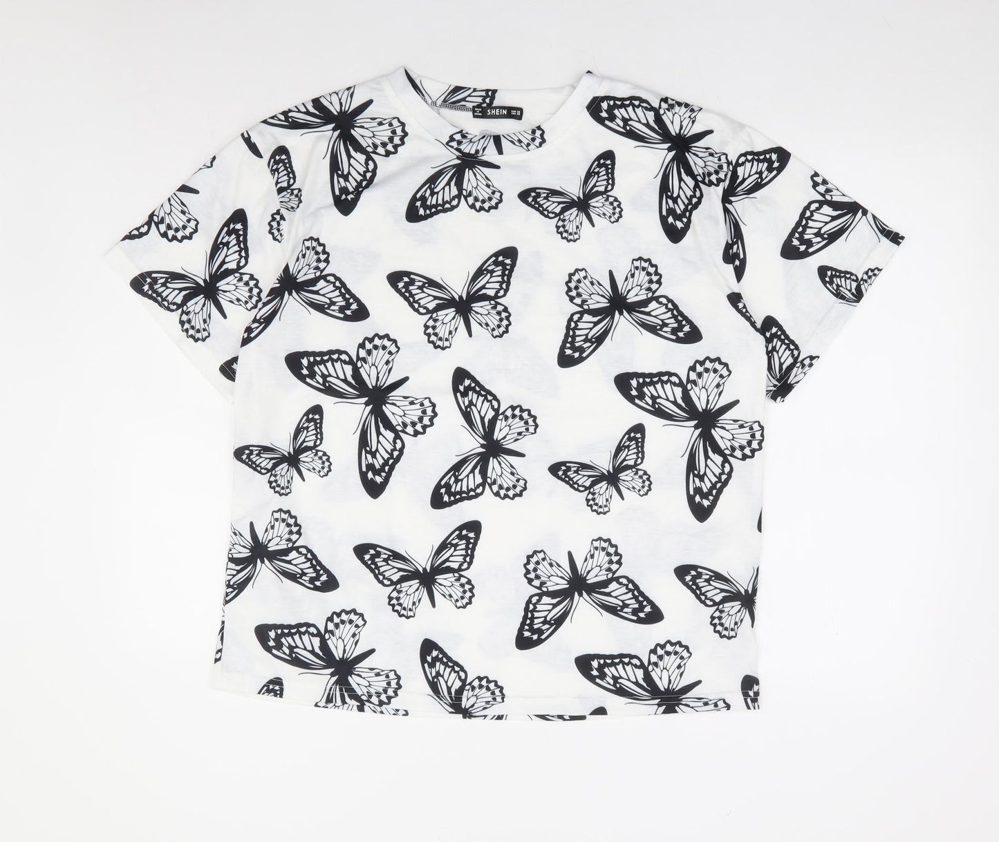 SheIn Womens White Geometric Cotton Basic T-Shirt Size XS Round Neck - Butterfly