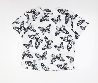 SheIn Womens White Geometric Cotton Basic T-Shirt Size XS Round Neck - Butterfly