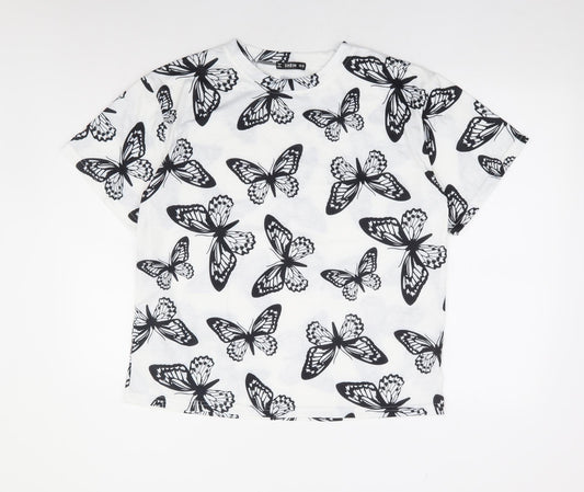 SheIn Womens White Geometric Cotton Basic T-Shirt Size XS Round Neck - Butterfly