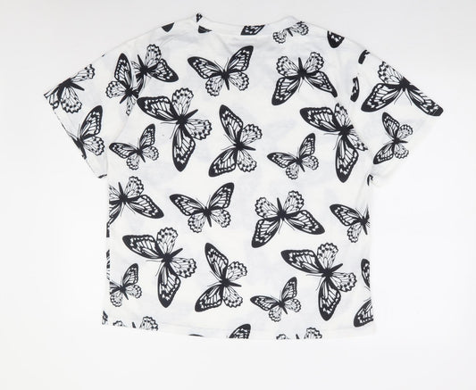 SheIn Womens White Geometric Cotton Basic T-Shirt Size XS Round Neck - Butterfly