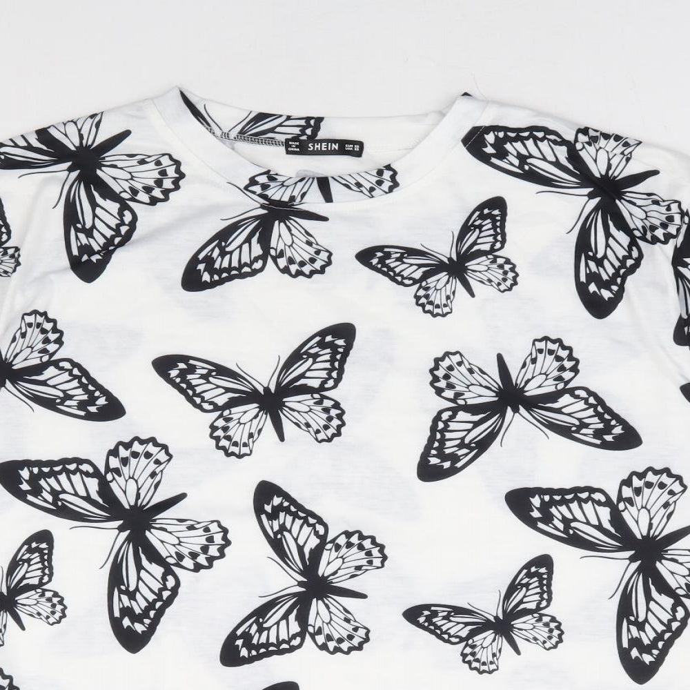 SheIn Womens White Geometric Cotton Basic T-Shirt Size XS Round Neck - Butterfly