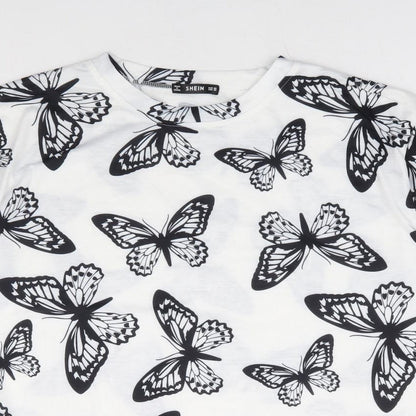 SheIn Womens White Geometric Cotton Basic T-Shirt Size XS Round Neck - Butterfly