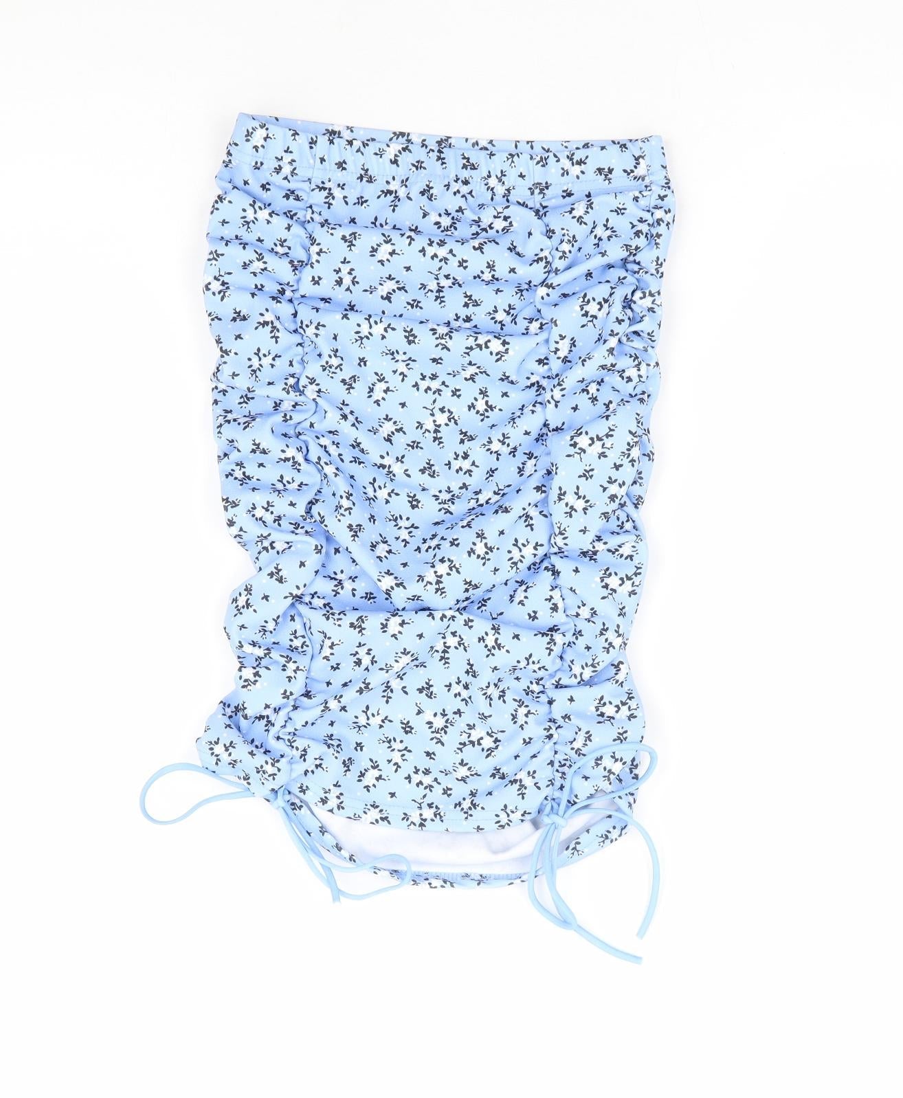 PRETTYLITTLETHING Womens Blue Floral Polyester Straight & Pencil Skirt Size 6 - Ruched Adjustable