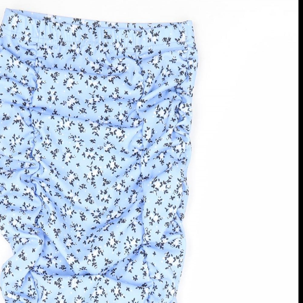 PRETTYLITTLETHING Womens Blue Floral Polyester Straight & Pencil Skirt Size 6 - Ruched Adjustable