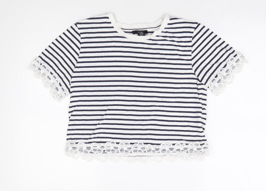 FOREVER 21 Womens Blue Striped 100% Cotton Cropped T-Shirt Size S Round Neck - Floral Embroidery Trim