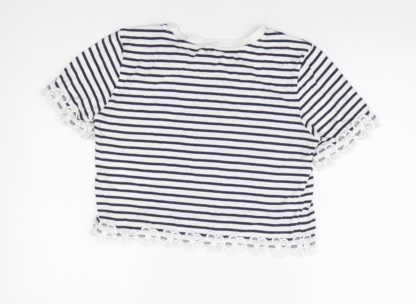 FOREVER 21 Womens Blue Striped 100% Cotton Cropped T-Shirt Size S Round Neck - Floral Embroidery Trim