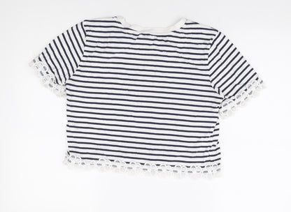 FOREVER 21 Womens Blue Striped 100% Cotton Cropped T-Shirt Size S Round Neck - Floral Embroidery Trim
