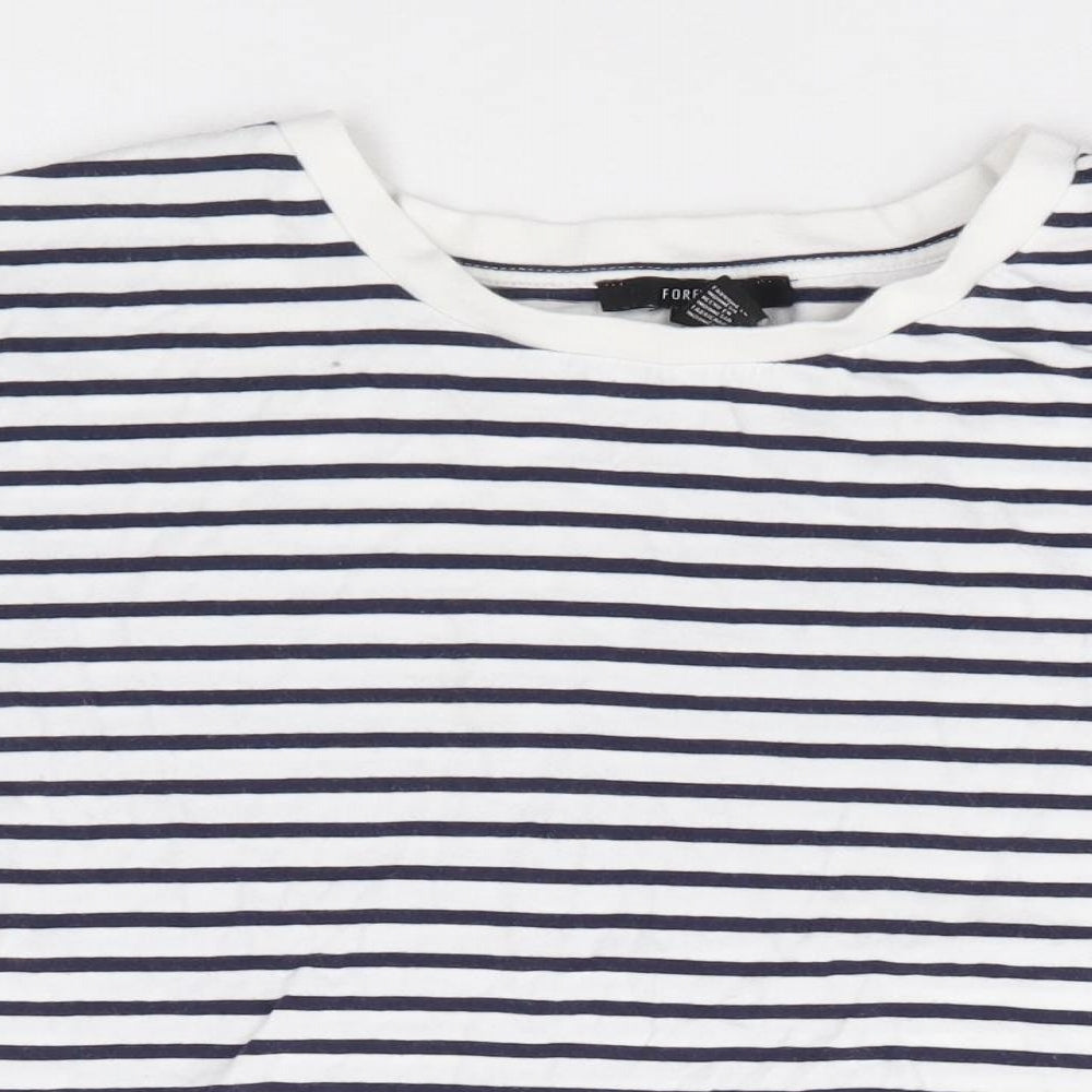 FOREVER 21 Womens Blue Striped 100% Cotton Cropped T-Shirt Size S Round Neck - Floral Embroidery Trim