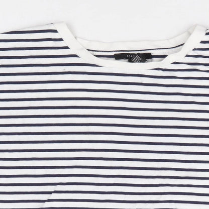 FOREVER 21 Womens Blue Striped 100% Cotton Cropped T-Shirt Size S Round Neck - Floral Embroidery Trim