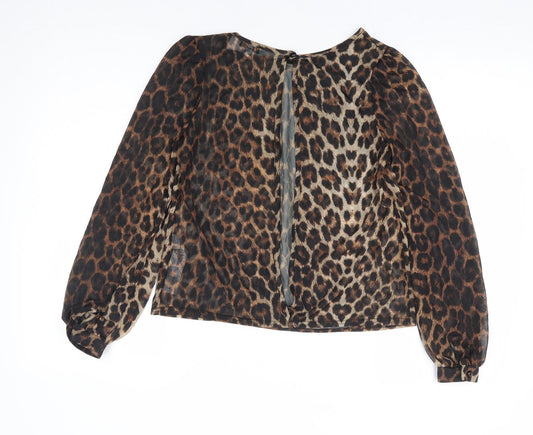 New Look Womens Brown Animal Print Polyester Basic Blouse Size 8 Round Neck
