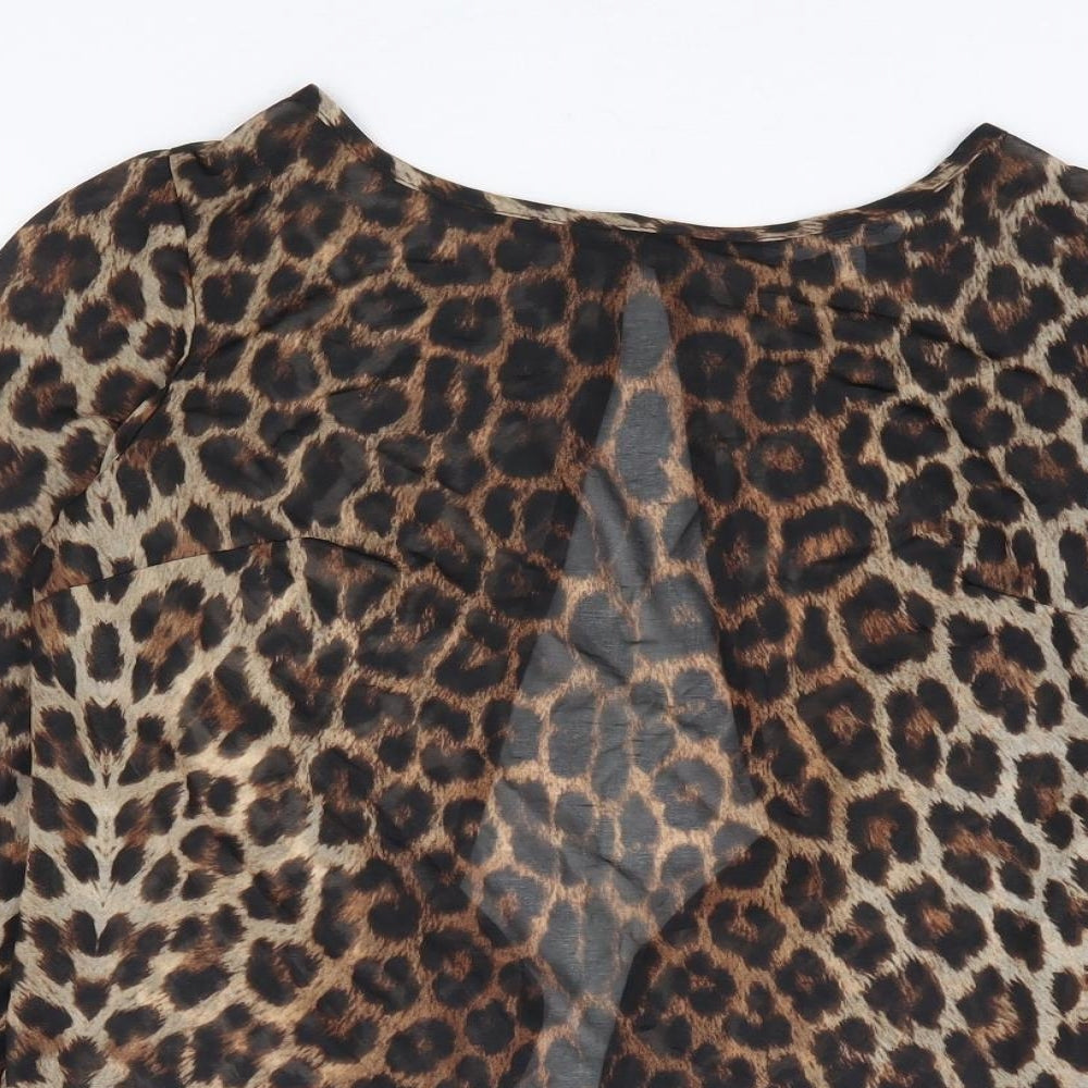 New Look Womens Brown Animal Print Polyester Basic Blouse Size 8 Round Neck