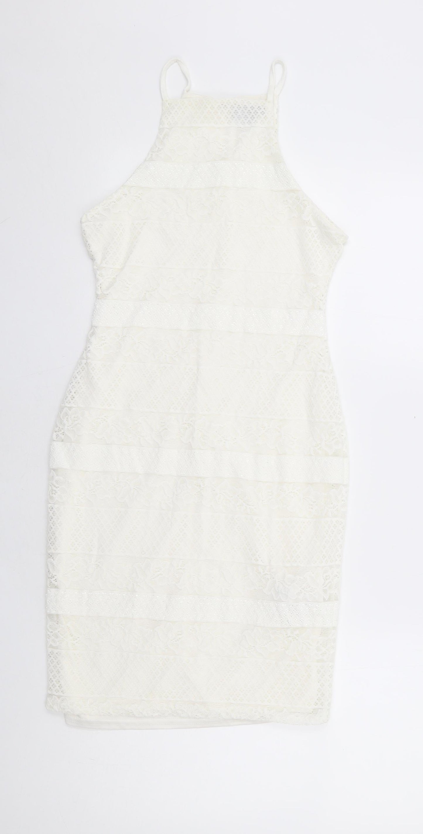 New Look Womens White Floral Nylon Bodycon Size 8 Square Neck Button
