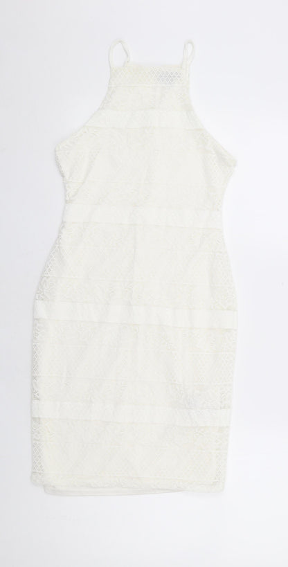 New Look Womens White Floral Nylon Bodycon Size 8 Square Neck Button