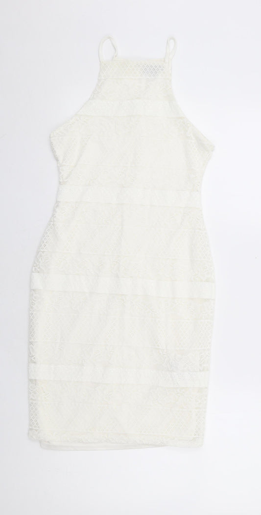 New Look Womens White Floral Nylon Bodycon Size 8 Square Neck Button