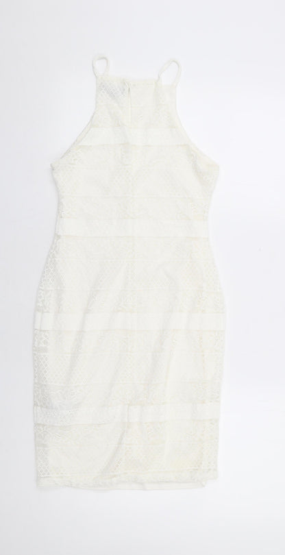 New Look Womens White Floral Nylon Bodycon Size 8 Square Neck Button