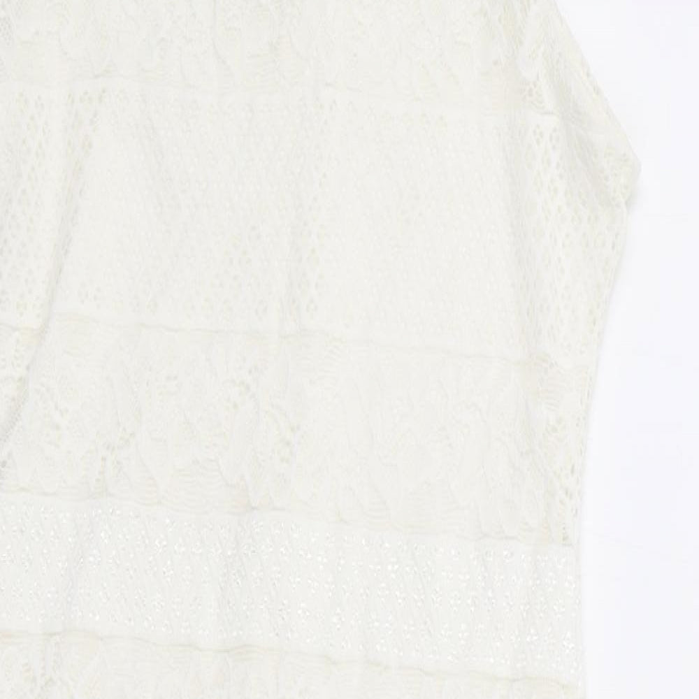 New Look Womens White Floral Nylon Bodycon Size 8 Square Neck Button