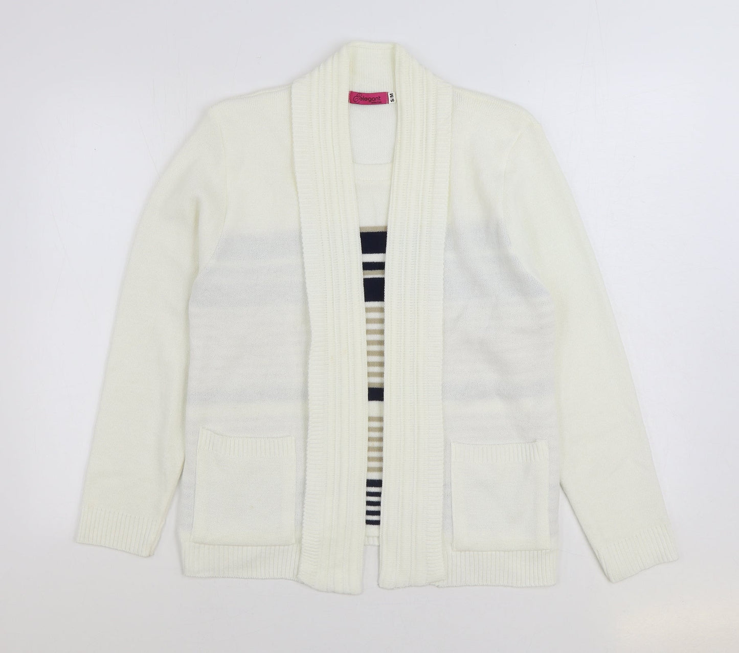 Elegance Womens White Round Neck Striped Acrylic Pullover Jumper Size S