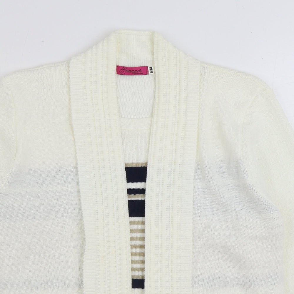 Elegance Womens White Round Neck Striped Acrylic Pullover Jumper Size S