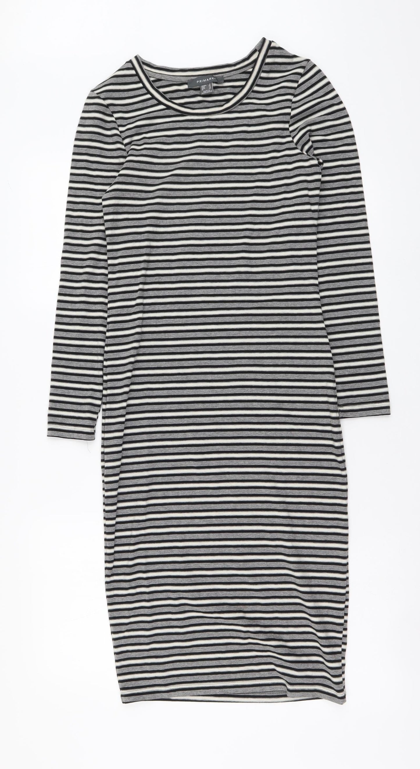 Primark Womens Grey Striped Cotton T-Shirt Dress Size 8 Round Neck Pullover