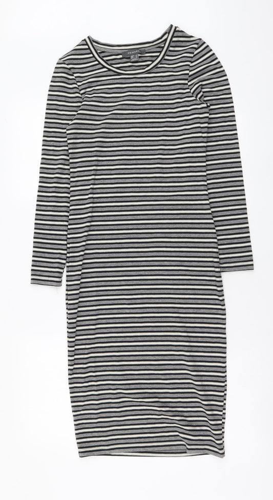 Primark Womens Grey Striped Cotton T-Shirt Dress Size 8 Round Neck Pullover