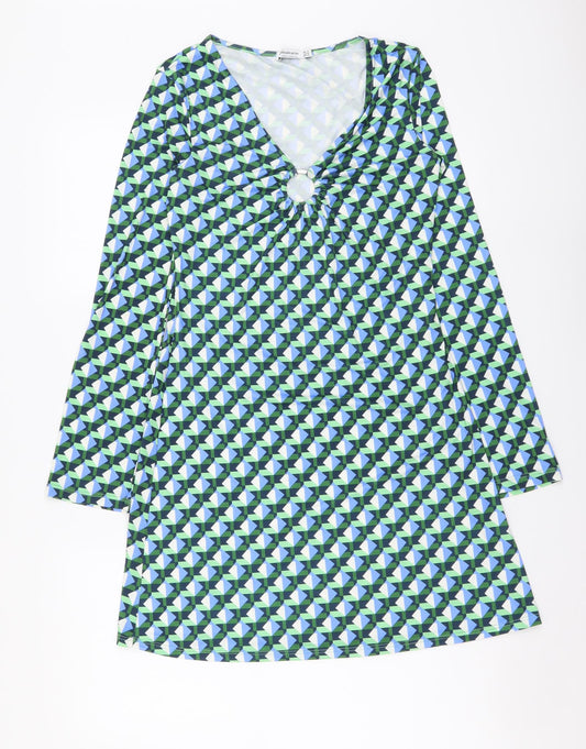 Stradivarius Womens Multicoloured Geometric Polyester A-Line Size M V-Neck Pullover