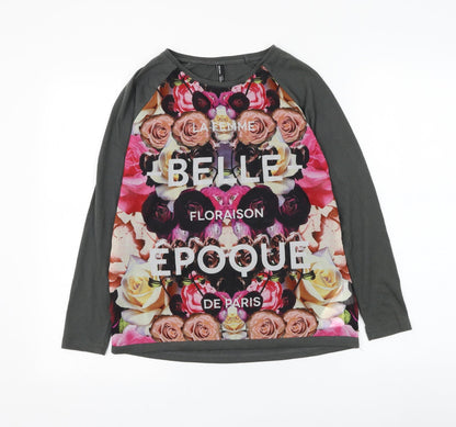 Outfitters Nation Womens Grey Floral Polyester Basic T-Shirt Size XS Round Neck - La Femme Belle