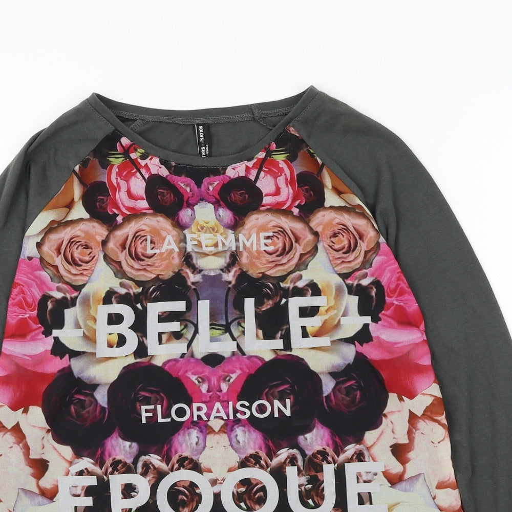 Outfitters Nation Womens Grey Floral Polyester Basic T-Shirt Size XS Round Neck - La Femme Belle