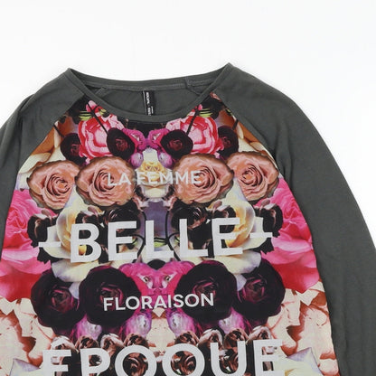 Outfitters Nation Womens Grey Floral Polyester Basic T-Shirt Size XS Round Neck - La Femme Belle