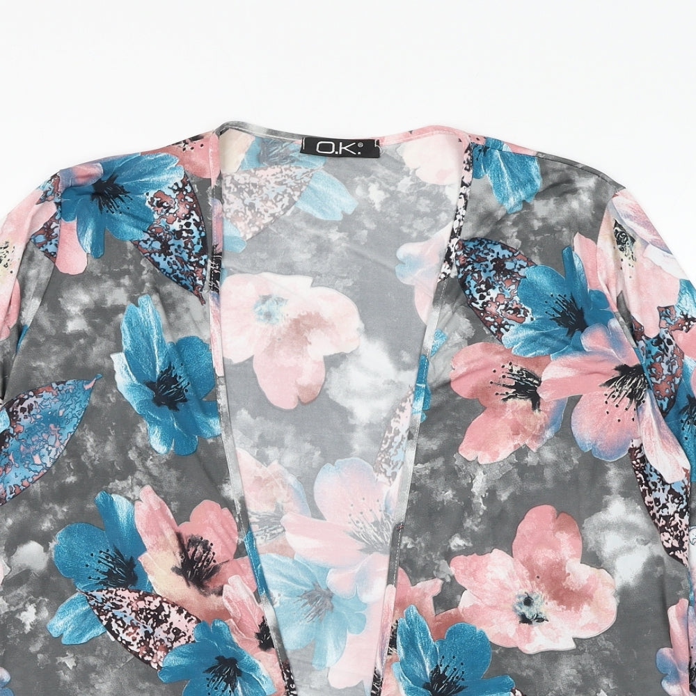 O.K. Womens Grey V-Neck Floral Polyester Cardigan Jumper Size L