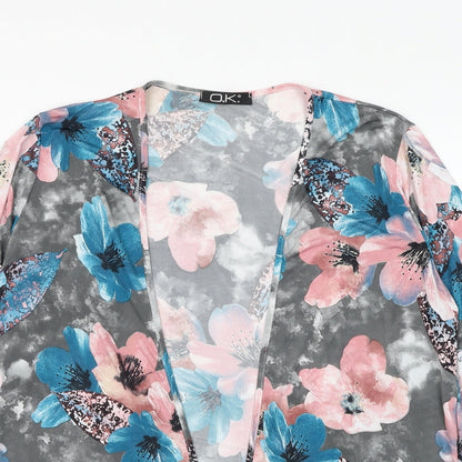 O.K. Womens Grey V-Neck Floral Polyester Cardigan Jumper Size L