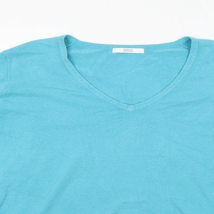 Marks and Spencer Mens Blue V-Neck Polyester Pullover Jumper Size L