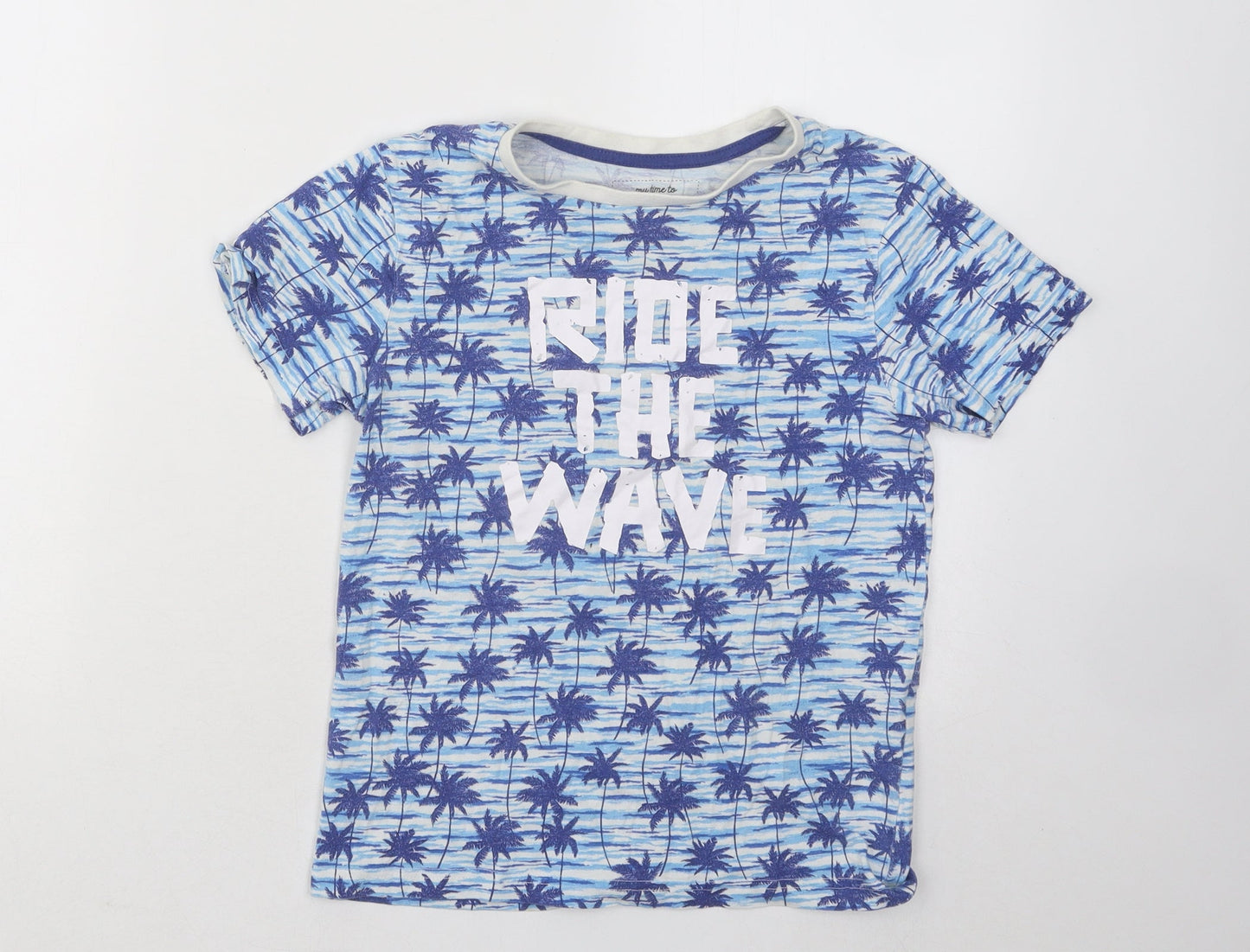 Peacocks Boys Blue Geometric Cotton Basic T-Shirt Size 10-11 Years Round Neck Pullover - Ride The Wave Palm Trees