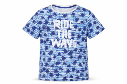 Peacocks Boys Blue Geometric Cotton Basic T-Shirt Size 10-11 Years Round Neck Pullover - Ride The Wave Palm Trees