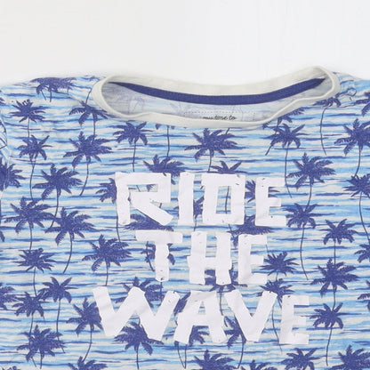 Peacocks Boys Blue Geometric Cotton Basic T-Shirt Size 10-11 Years Round Neck Pullover - Ride The Wave Palm Trees