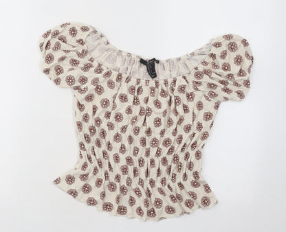 FOREVER 21 Womens Beige Geometric Cotton Basic T-Shirt Size S Off the Shoulder