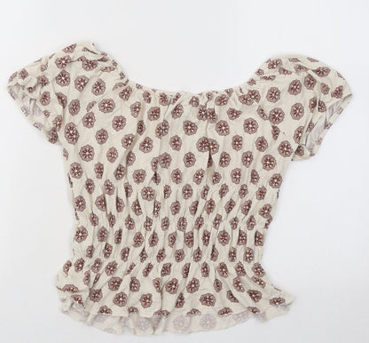 FOREVER 21 Womens Beige Geometric Cotton Basic T-Shirt Size S Off the Shoulder