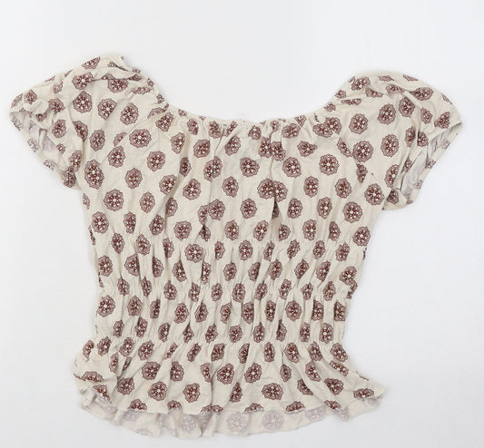 FOREVER 21 Womens Beige Geometric Cotton Basic T-Shirt Size S Off the Shoulder