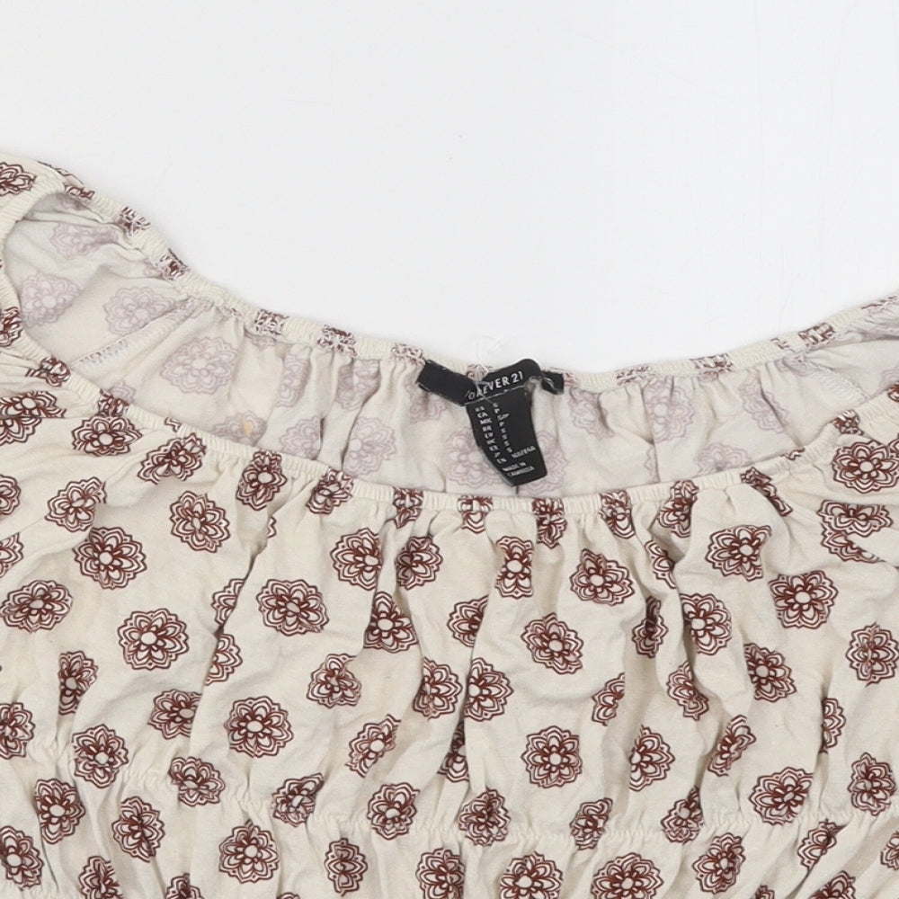 FOREVER 21 Womens Beige Geometric Cotton Basic T-Shirt Size S Off the Shoulder