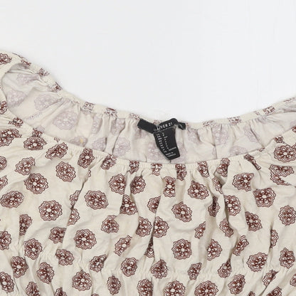 FOREVER 21 Womens Beige Geometric Cotton Basic T-Shirt Size S Off the Shoulder