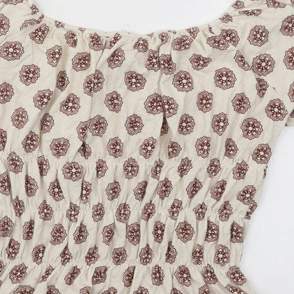 FOREVER 21 Womens Beige Geometric Cotton Basic T-Shirt Size S Off the Shoulder