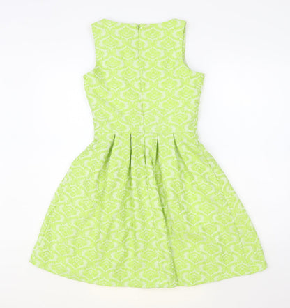 Darling Womens Green Geometric Polyester Fit & Flare Size XS Boat Neck Zip