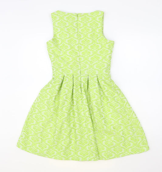 Darling Womens Green Geometric Polyester Fit & Flare Size XS Boat Neck Zip