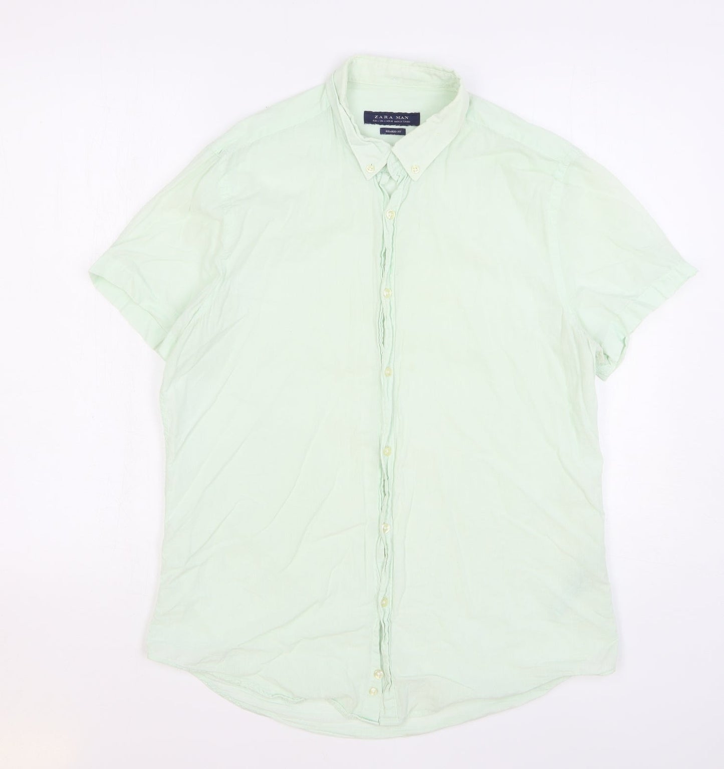 Zara Mens Green Cotton Button-Up Size L Collared Button