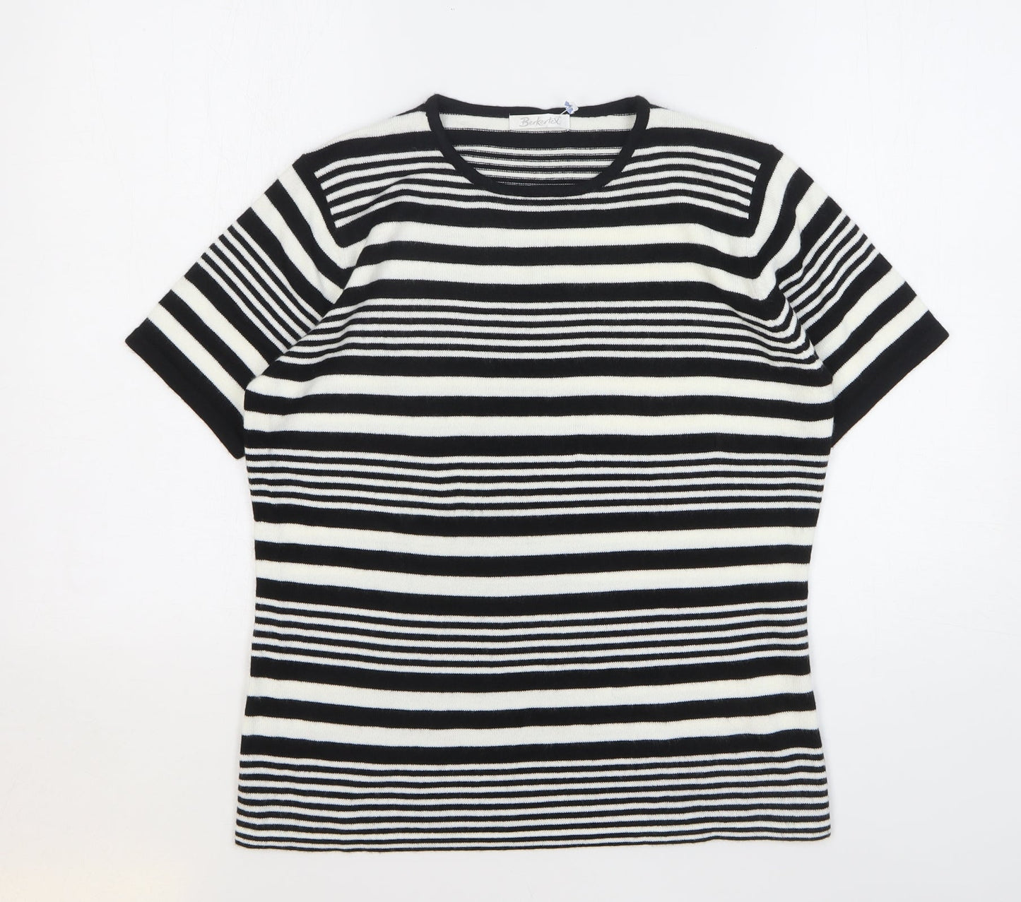 Berkertex Womens Black Striped Acrylic Basic T-Shirt Size 14 Round Neck