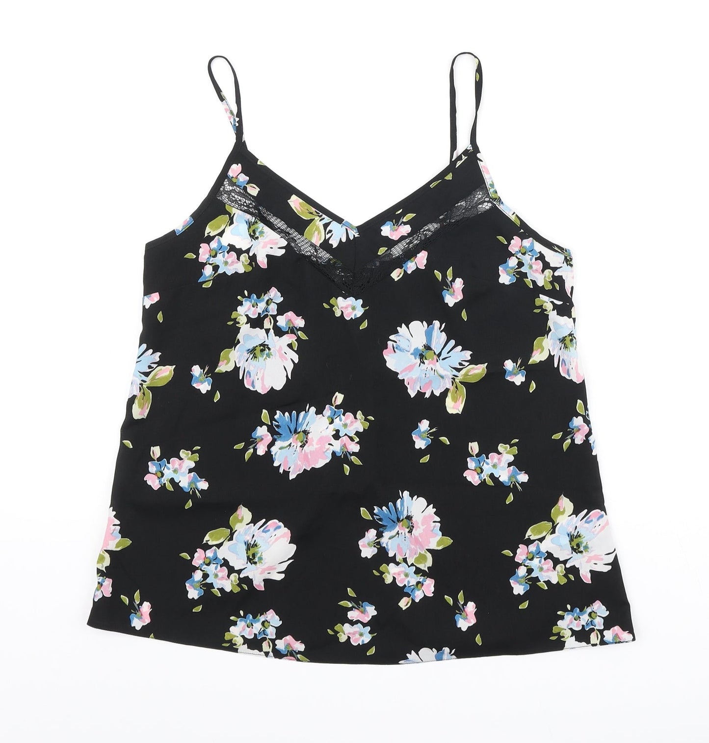 Miss Selfridge Womens Black Floral Polyester Camisole Blouse Size 8 V-Neck - Lace Detail