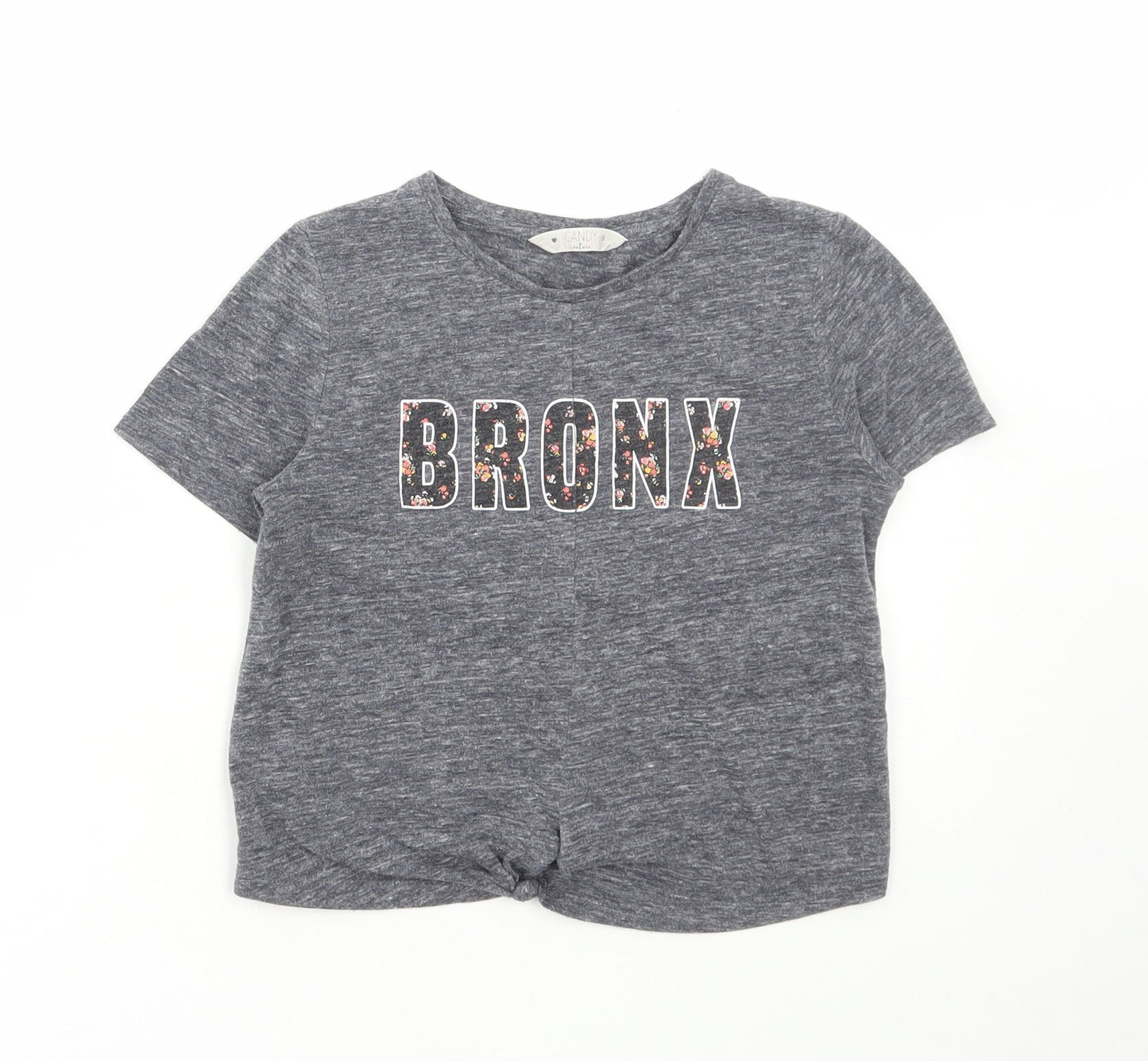 Matalan Girls Grey Floral Cotton Cropped T-Shirt Size 9 Years Round Neck Pullover - Bronx