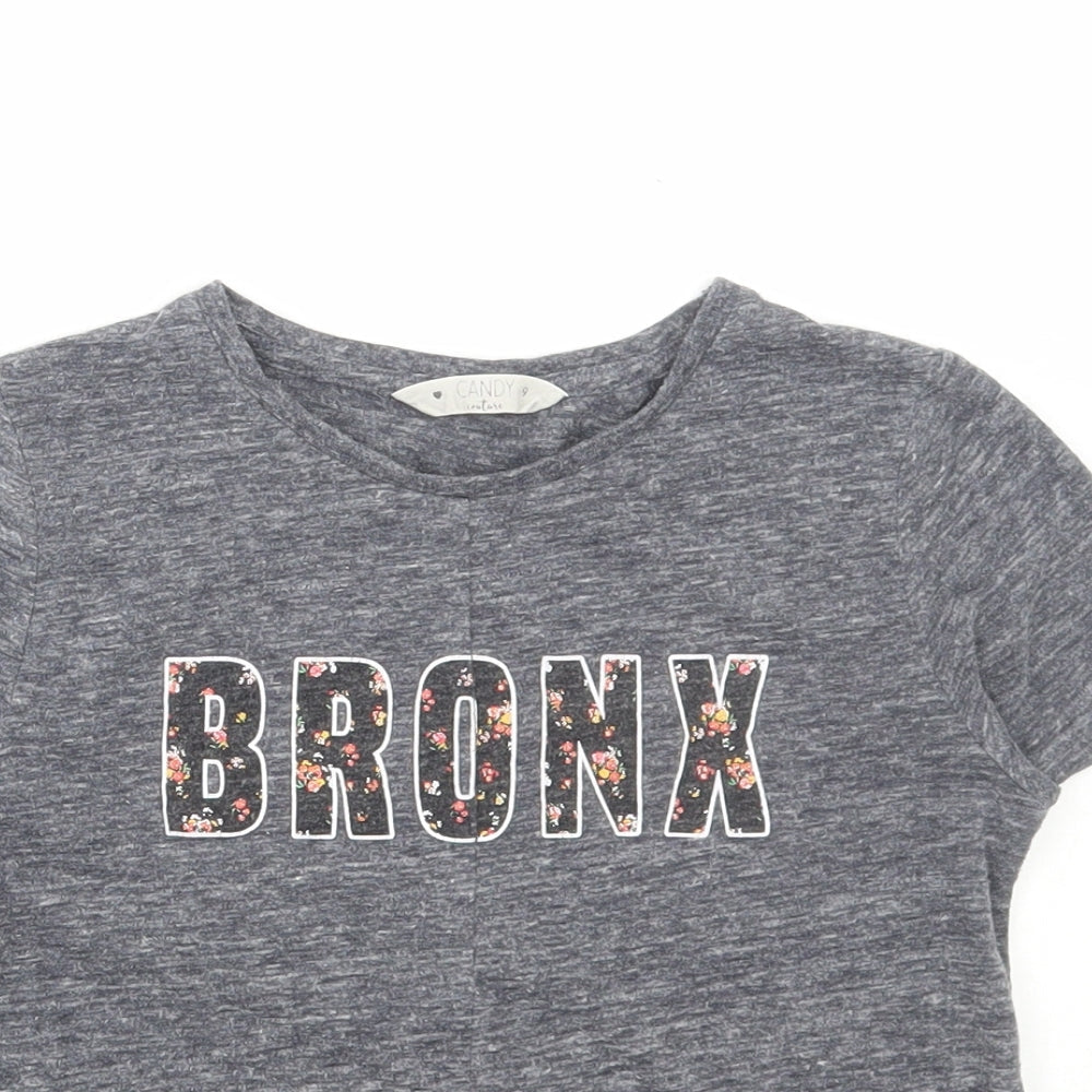 Matalan Girls Grey Floral Cotton Cropped T-Shirt Size 9 Years Round Neck Pullover - Bronx