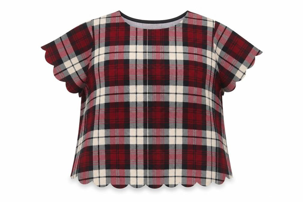 Cameo Rose Womens Red Plaid Polyester Cropped T-Shirt Size 14 Round Neck