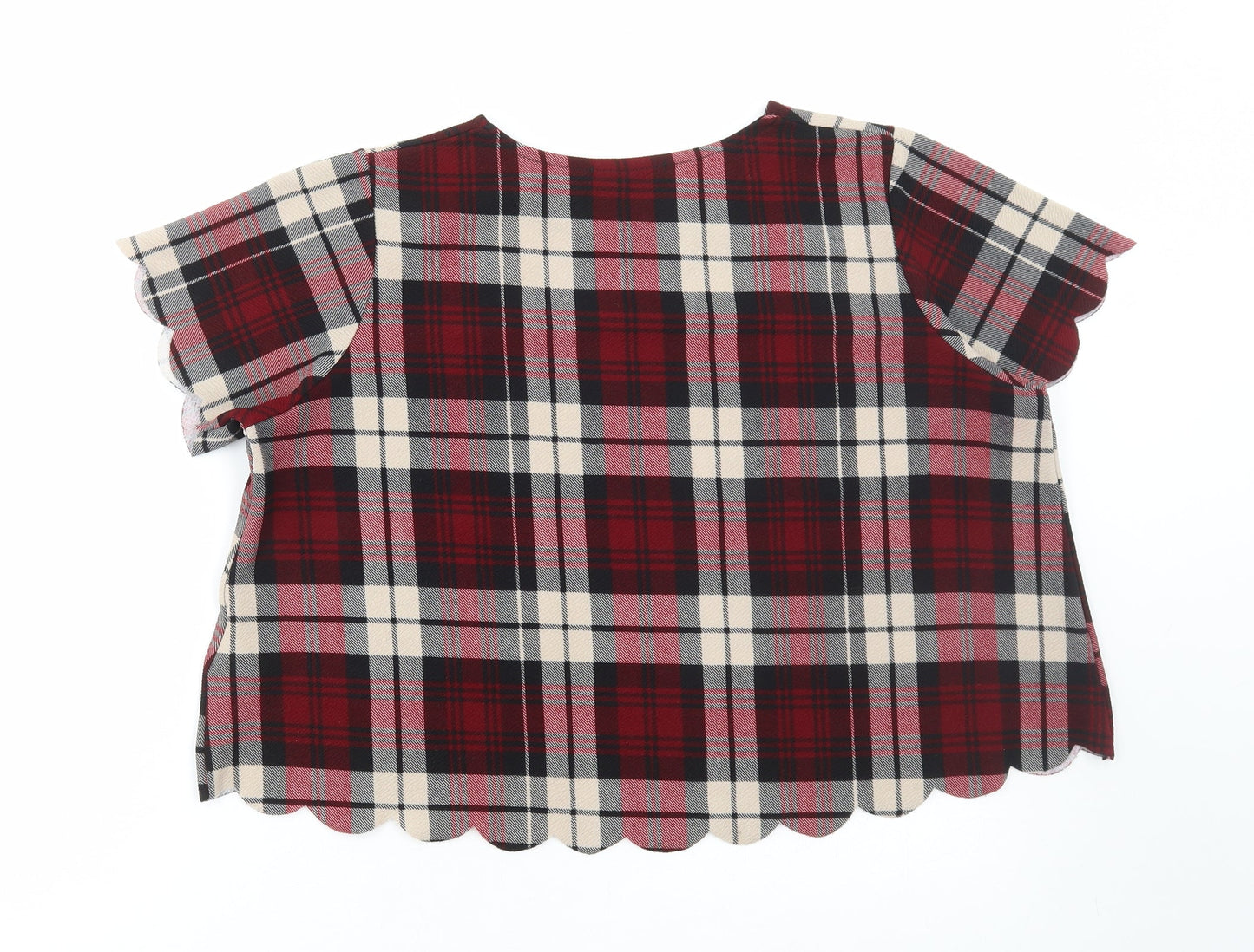 Cameo Rose Womens Red Plaid Polyester Cropped T-Shirt Size 14 Round Neck