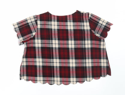Cameo Rose Womens Red Plaid Polyester Cropped T-Shirt Size 14 Round Neck
